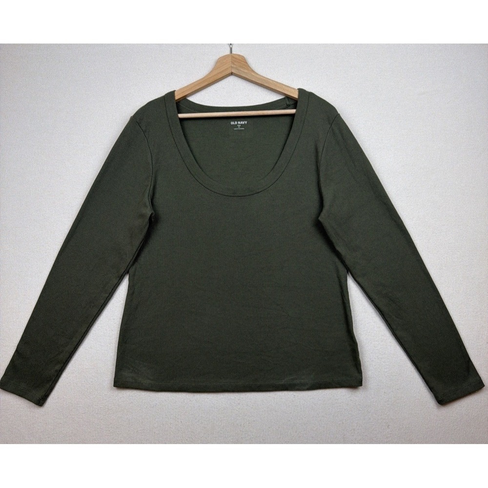 Old Navy Green‎ Ribbed Scoop Neck Long Sleeve Blouse XL Top Preppy Stretch Snug - Picture 3 of 9